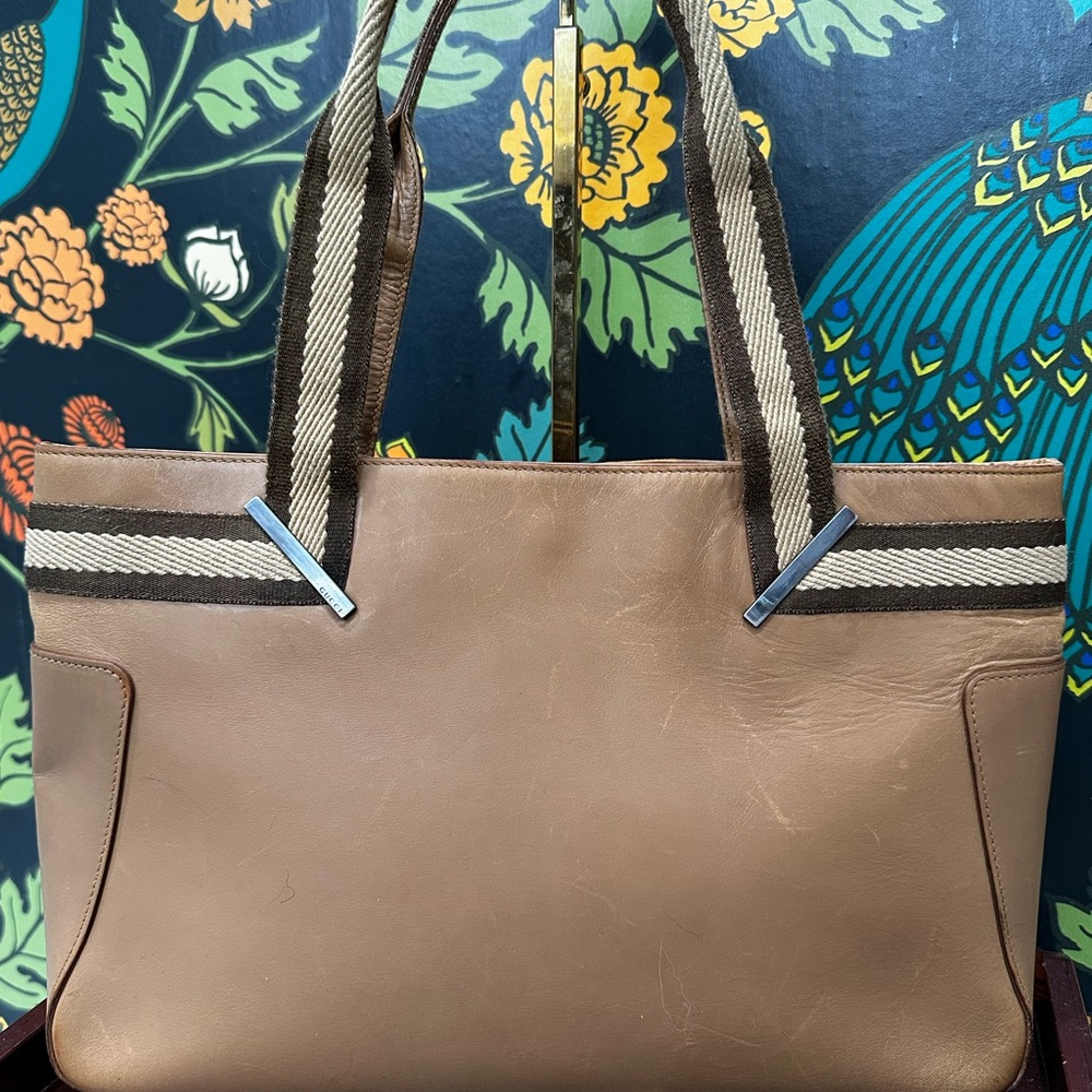 Vintage Gucci Leather Tote with Web Handles – Made in Italy - Picture 9 of 14